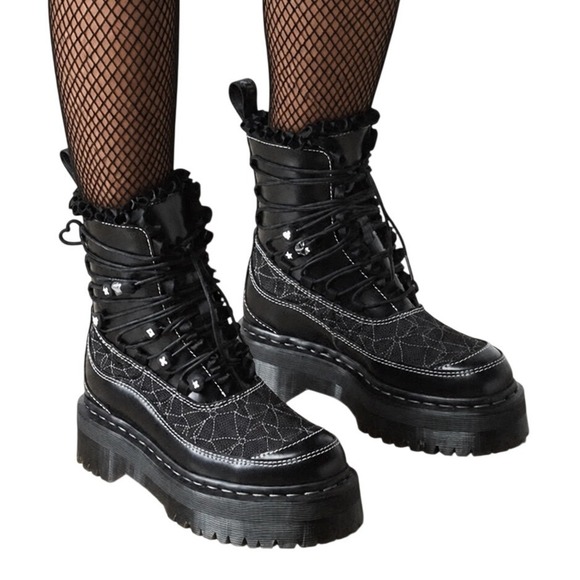 Dr. Martens Shoes - Dr. Martens Jadon Frill Black Leather Platform Boots Stitch Charms 8 Goth 111-04